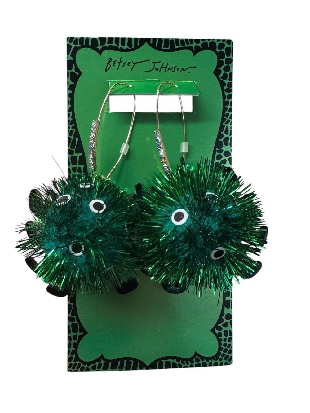 New Betsey Johnson Green Pom-Pom Spider Drop Earrings with Gold Crystal Hooks - Picture 2 of 5